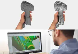 Engineer reviewing 3D scan data on a computer screen, with two CAD models of a plastic part held in hand above, illustrating reverse engineering and design analysis.